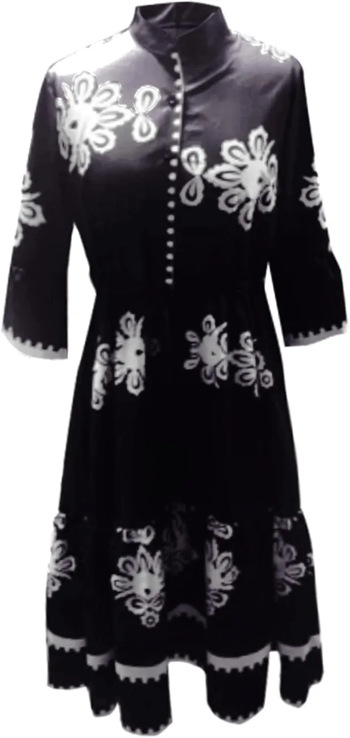 Miyaomn Womens Boho Floral Shirt Dress Tiered Ruffle Tied Waist Flare 3/4 Sleeve Button Down Casual A-Line Flowy Midi Dresses