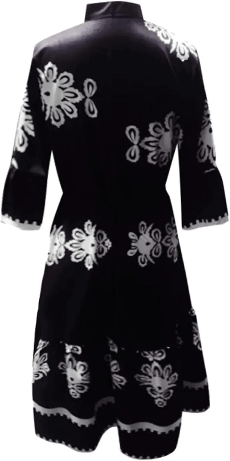 Miyaomn Womens Boho Floral Shirt Dress Tiered Ruffle Tied Waist Flare 3/4 Sleeve Button Down Casual A-Line Flowy Midi Dresses