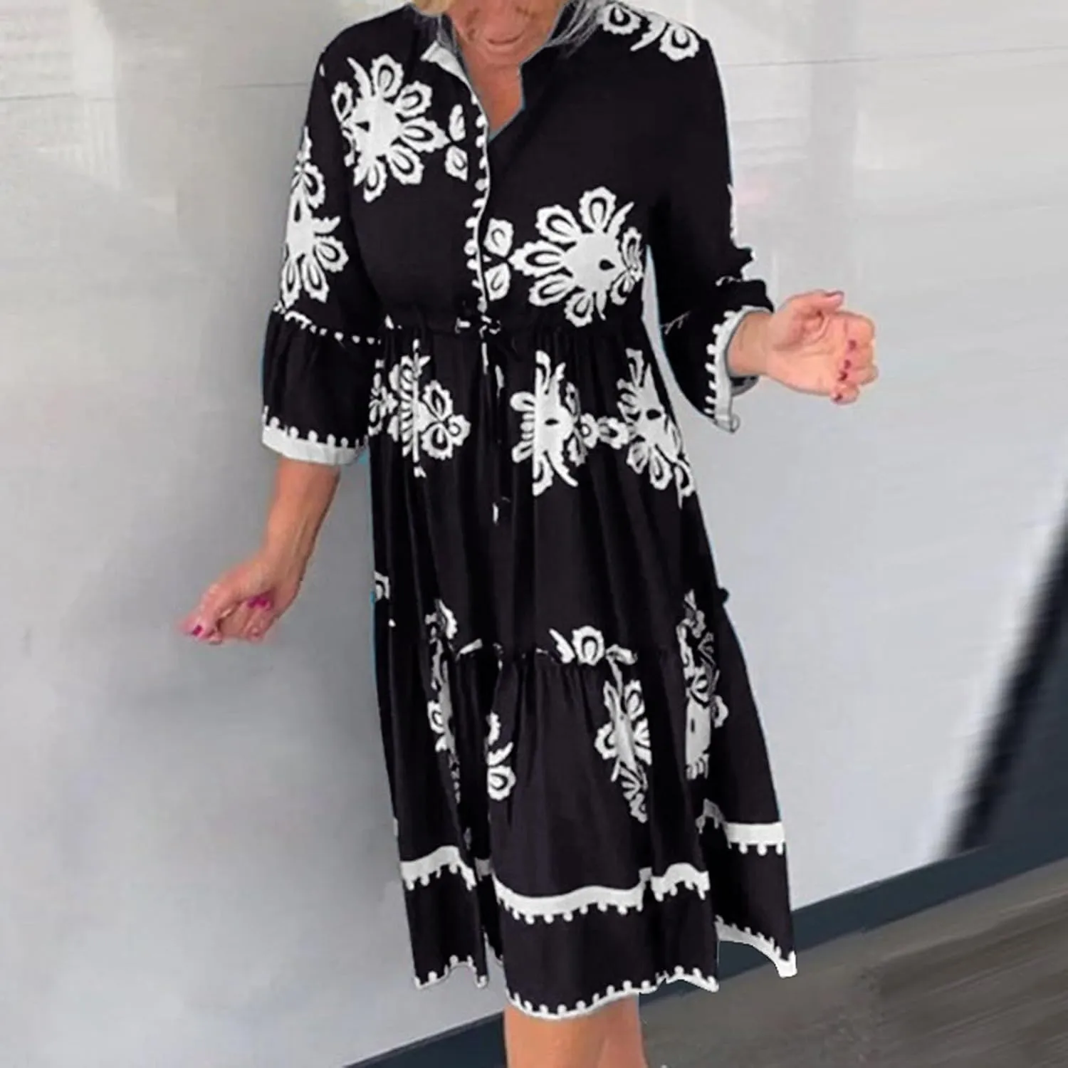 Miyaomn Womens Boho Floral Shirt Dress Tiered Ruffle Tied Waist Flare 3/4 Sleeve Button Down Casual A-Line Flowy Midi Dresses