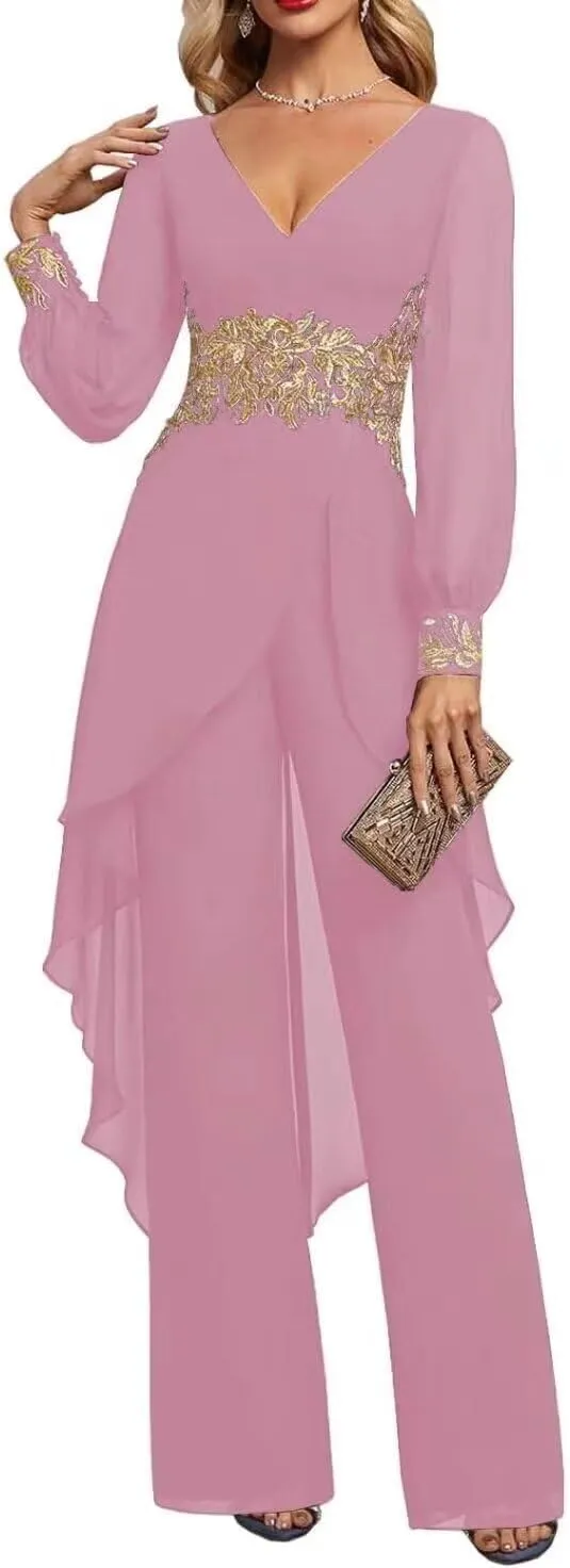 Mother of The Bride Pant Suits 2 Pieces Chiffon Wedding Outfit for Women Dressy Formal Dresses