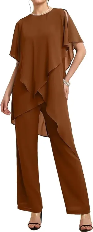 Mother of The Bride Pant Suits 2 Pieces Chiffon Womens Maxi Dress for Wedding