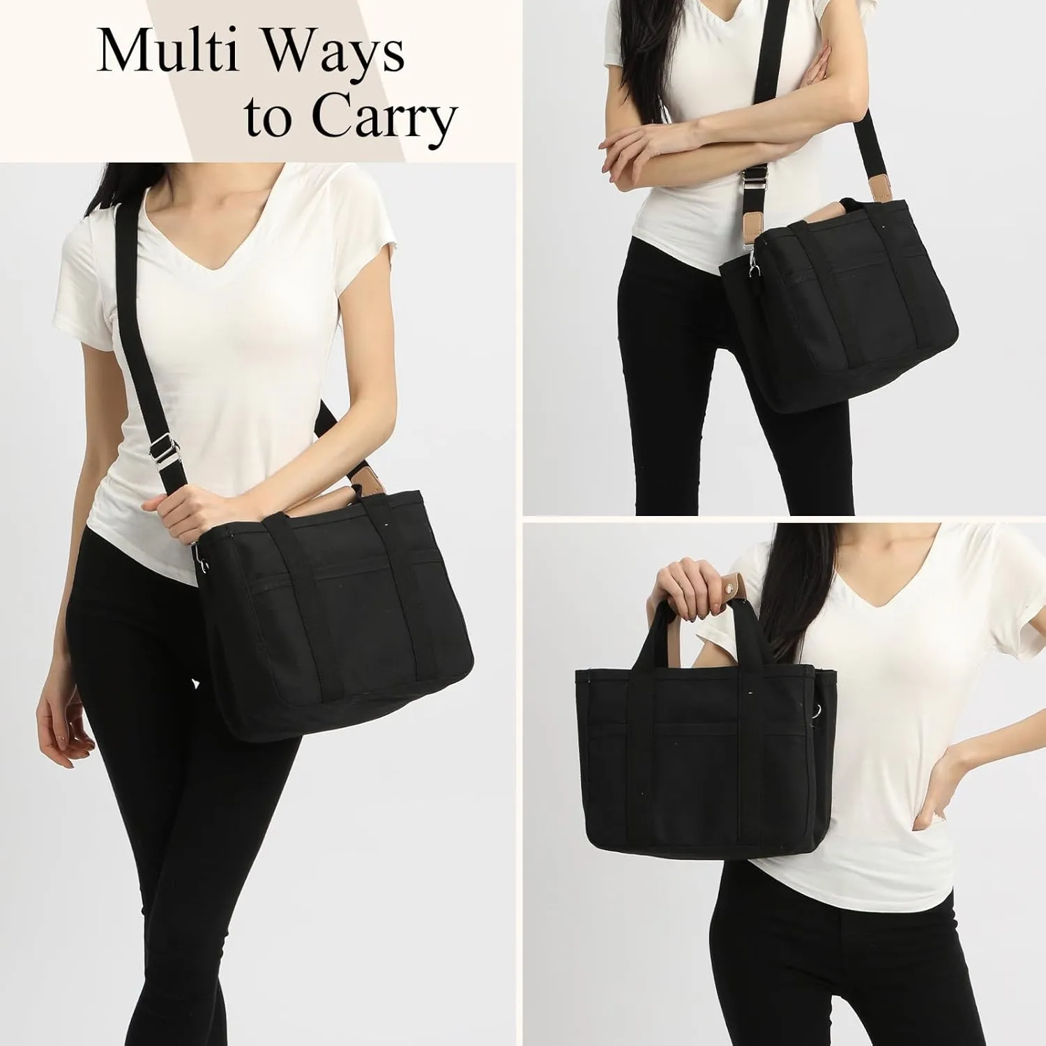 Multi Pocket Canvas Tote Bag for Women Large Capacity Crossbody Tote Bag Mommy Bag with Compartments