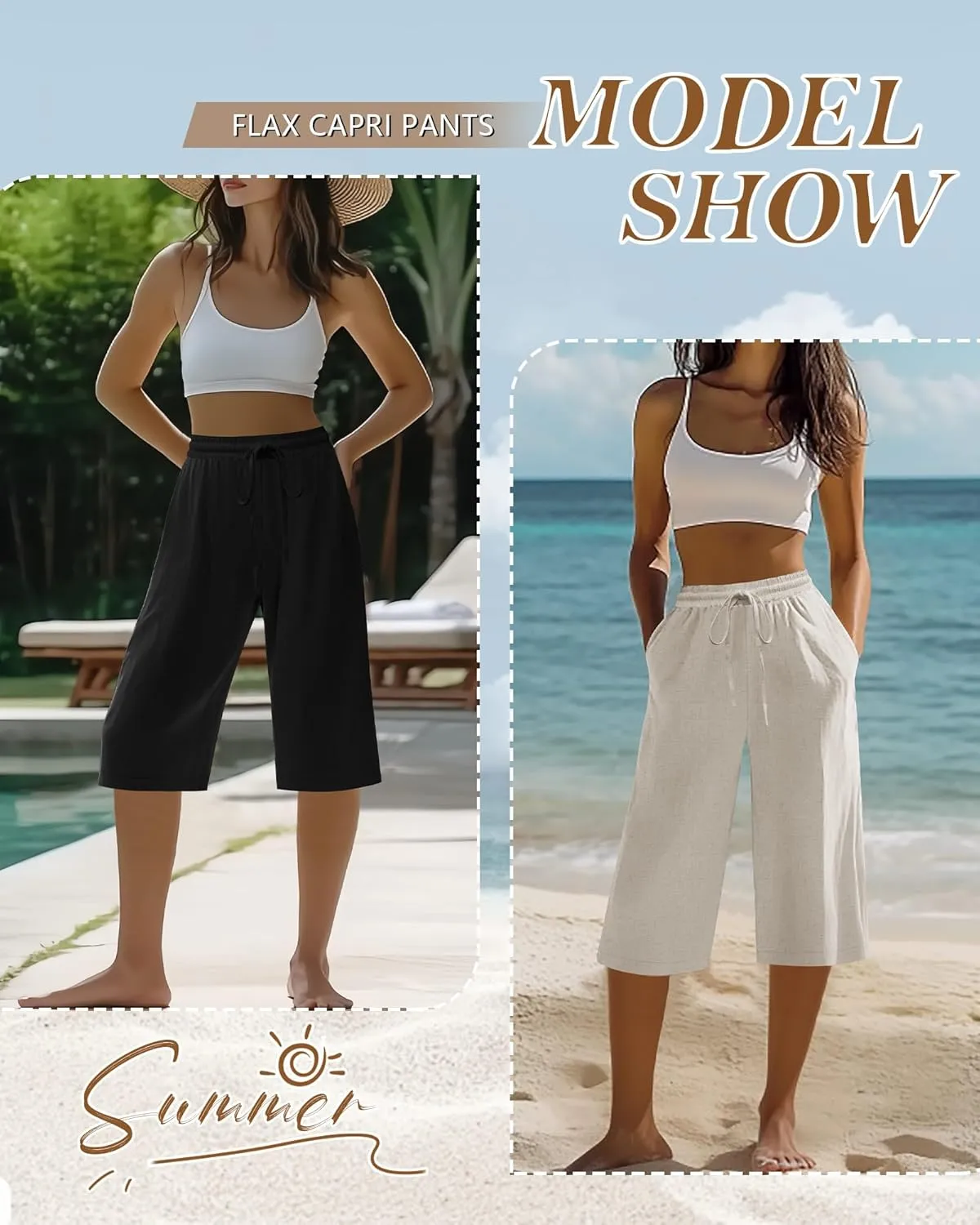 Neer 2 Pack Women's Linen Capris, Summer Drawstring Wide Leg Pants Casual High Waisted Palazzo Trousers with Pockets