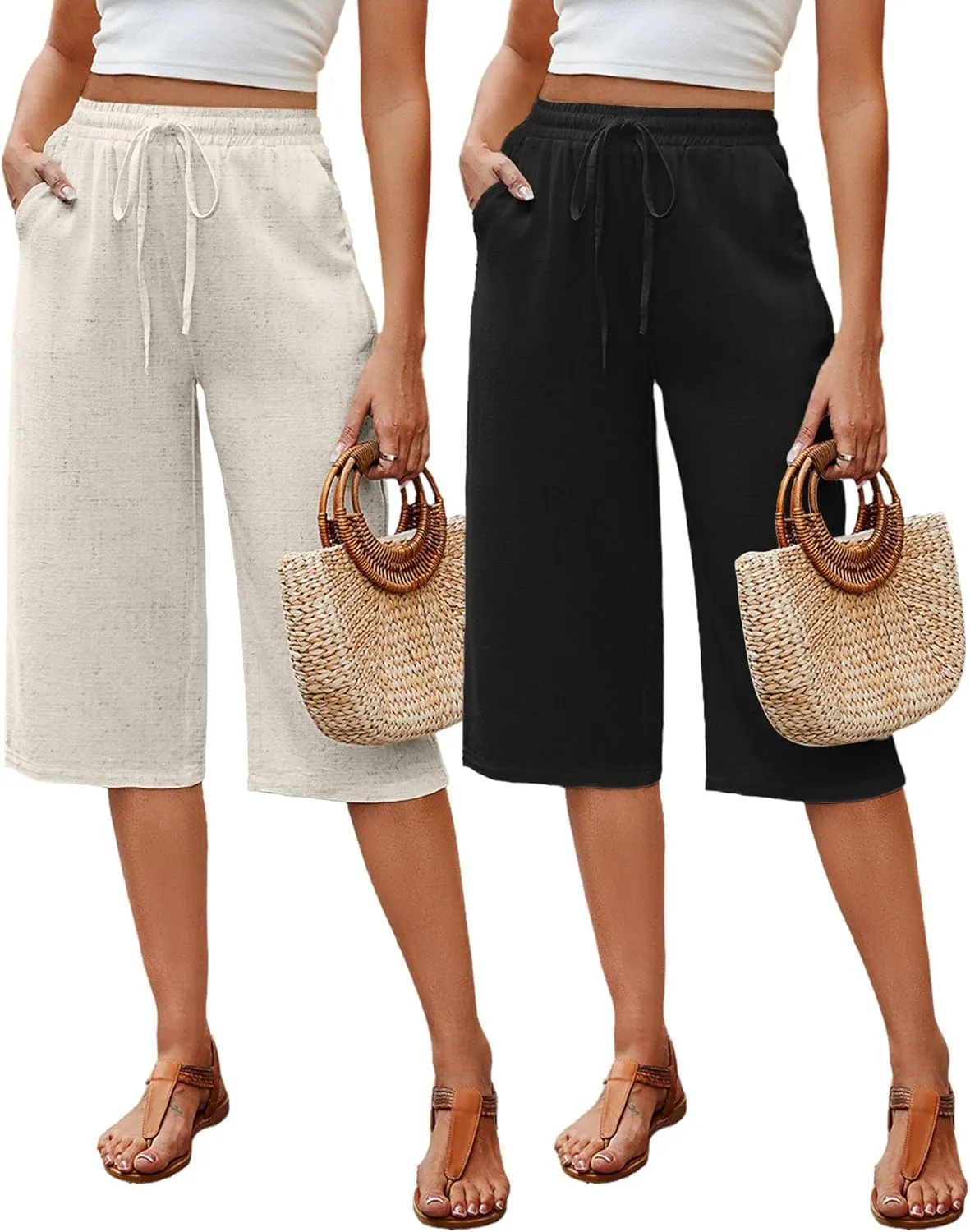 Neer 2 Pack Women's Linen Capris, Summer Drawstring Wide Leg Pants Casual High Waisted Palazzo Trousers with Pockets