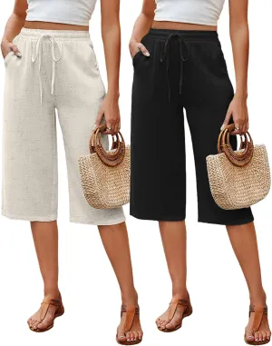 Neer 2 Pack Women's Linen Capris, Summer Drawstring Wide Leg Pants Casual High Waisted Palazzo Trousers with Pockets