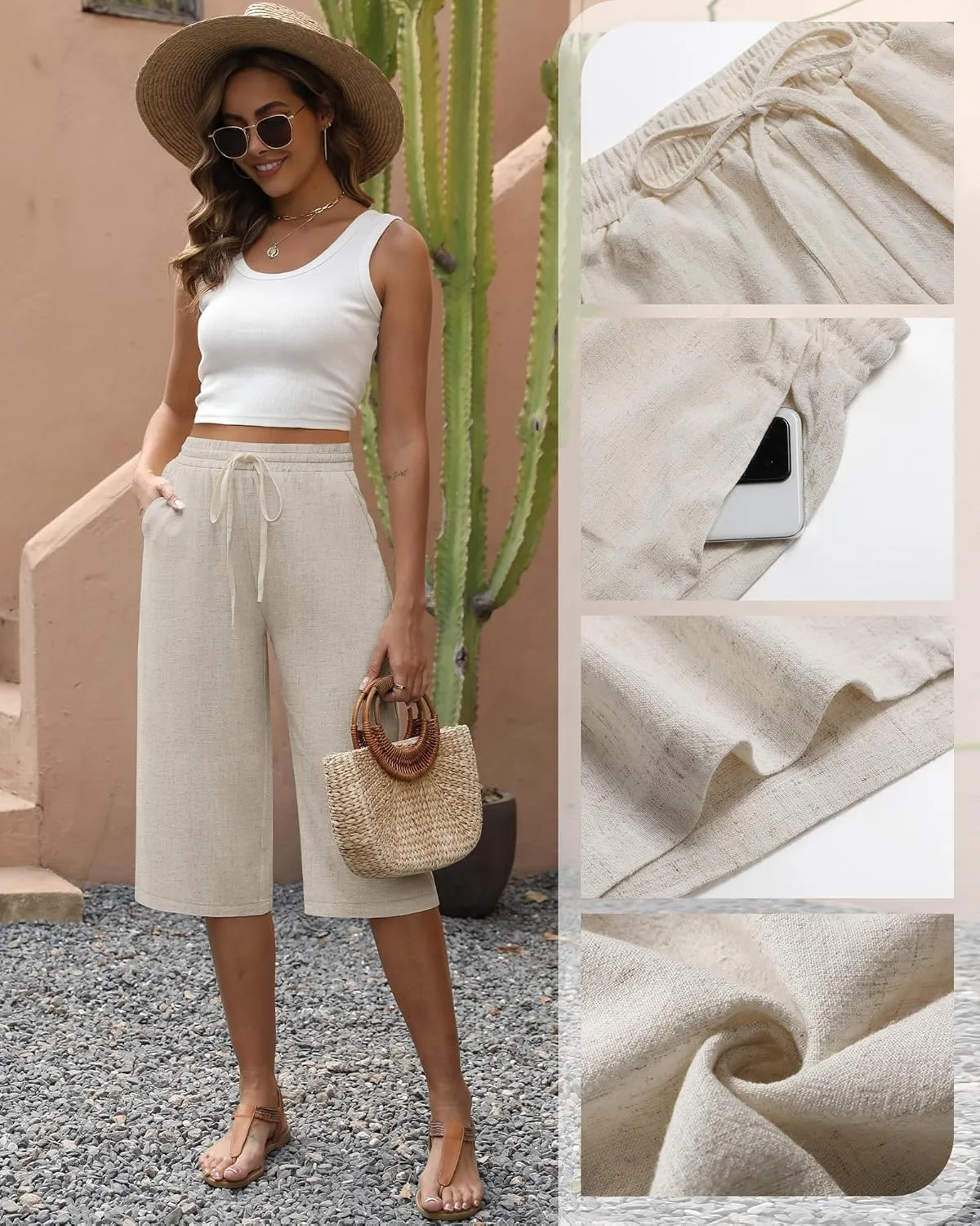 Neer 2 Pack Women's Linen Capris, Summer Drawstring Wide Leg Pants Casual High Waisted Palazzo Trousers with Pockets