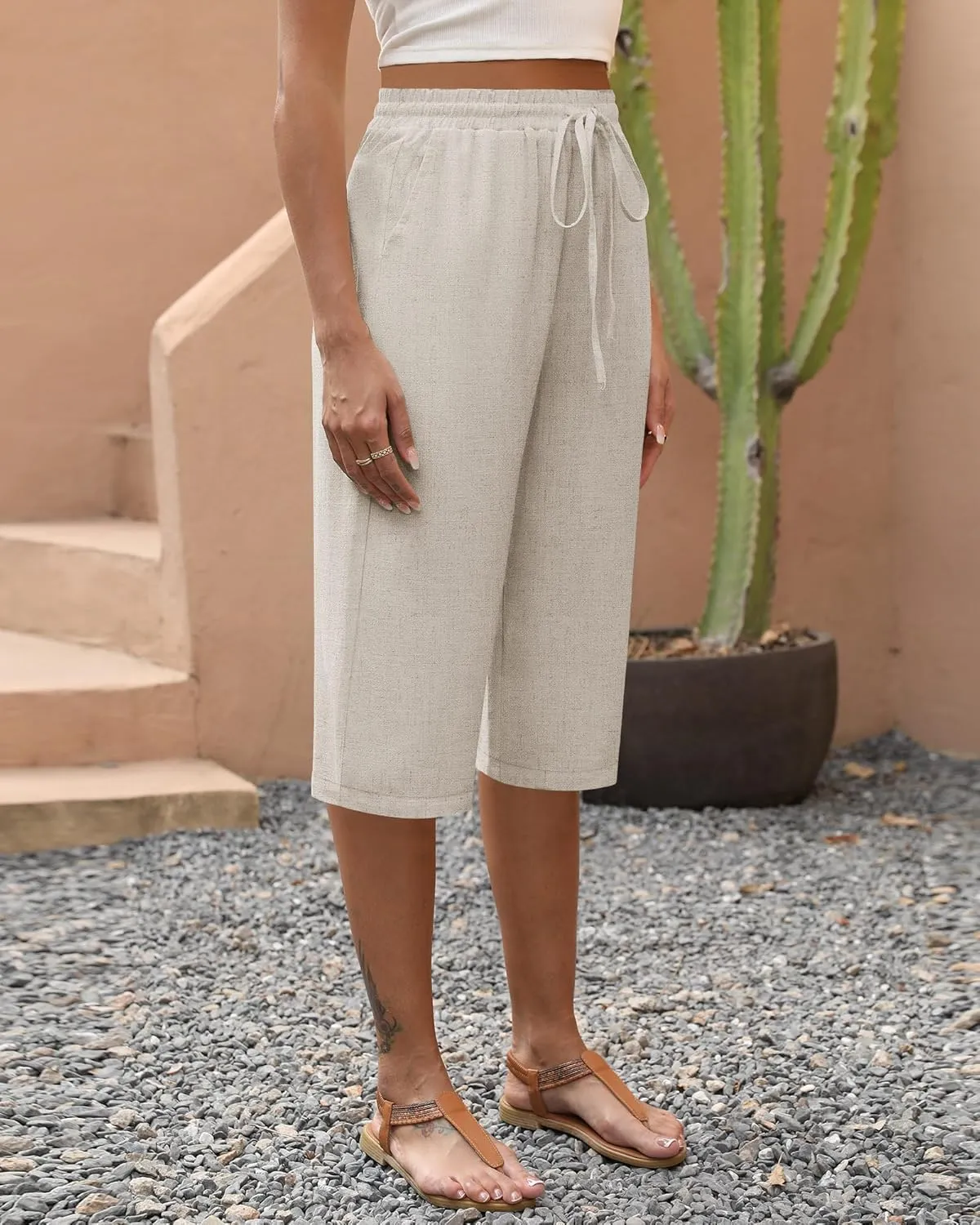 Neer 2 Pack Women's Linen Capris, Summer Drawstring Wide Leg Pants Casual High Waisted Palazzo Trousers with Pockets