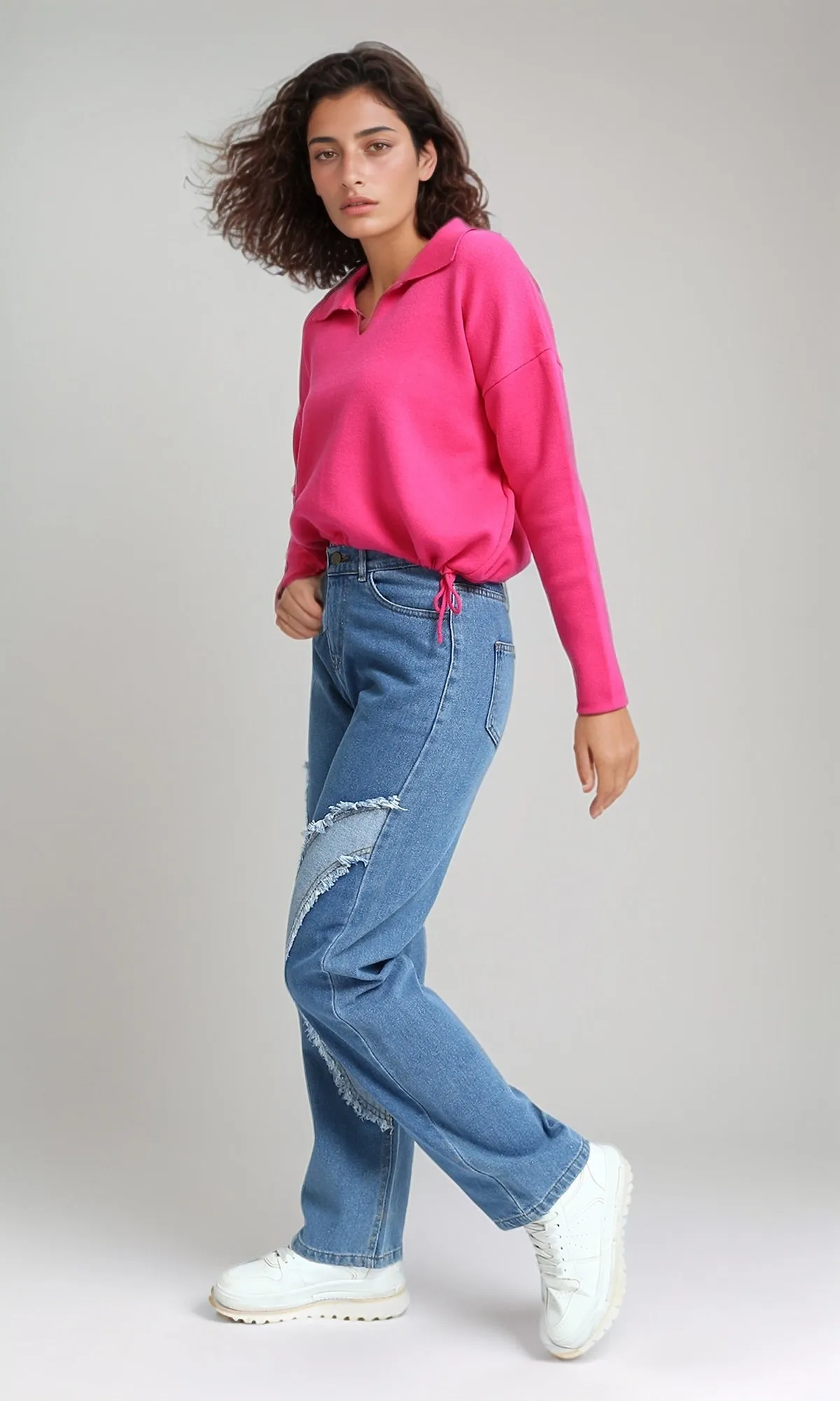 O200392 - V-Neck Long Sleeves Solid Pullover - Fuchsia