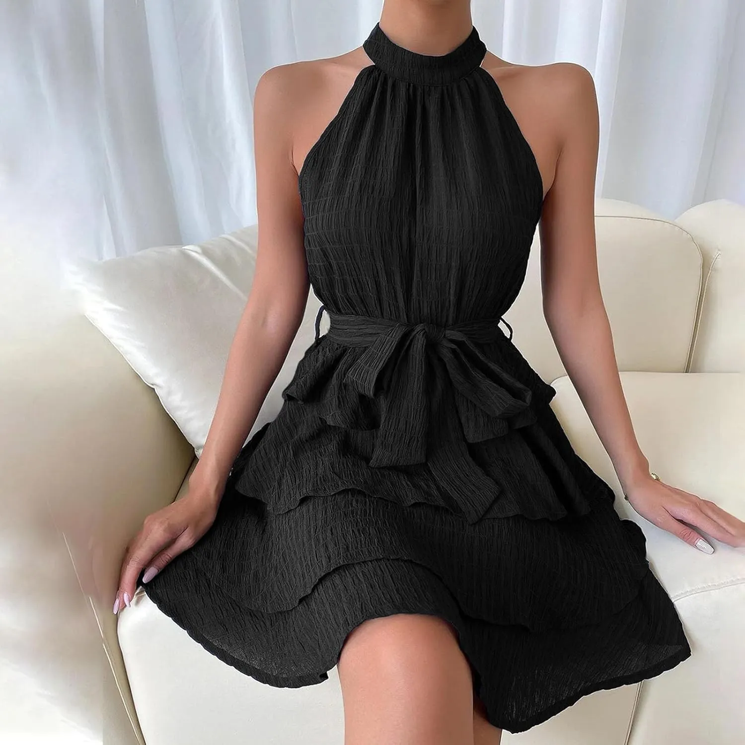 Off Shouder Sleeveless Dress for Women Sexy Short Mini Dress Ruffle Hem Dress Beach Party Club Cocktail Dress