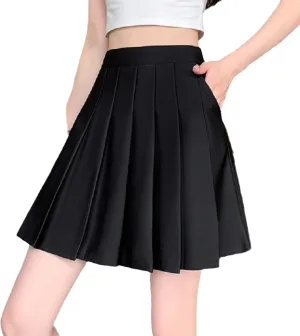 OFFSUM Womens Short Skirts - Summer Women Mini Pleated Skirt Korean Style High Waist A-Line Elastic with Pockets Vint