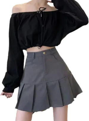 OFFSUM Womens Short Skirts - Vintage Women Pleated Skirts Korean Style High Waist Patchwork School Girl Uniform Skirt