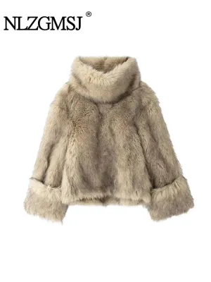 ONKOGENE 2024 Herbst Winter Casual Frauen Faux Pelz Rollkragen Langarm Outwears Gerade Lose Mode Outwear