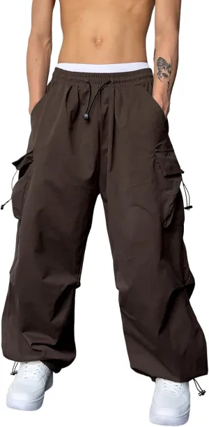 OYOANGLE Men's Cargo Pants Elastic Waist Flap Pockets Hip Hop Baggy Harem Pants