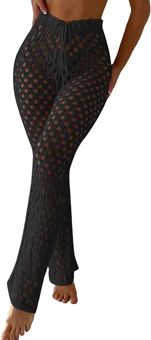 OYOANGLE Women's Crochet Hollow Out Beach Pants Drawstring Waist Flared Leg Swimwear Cover Up Pants