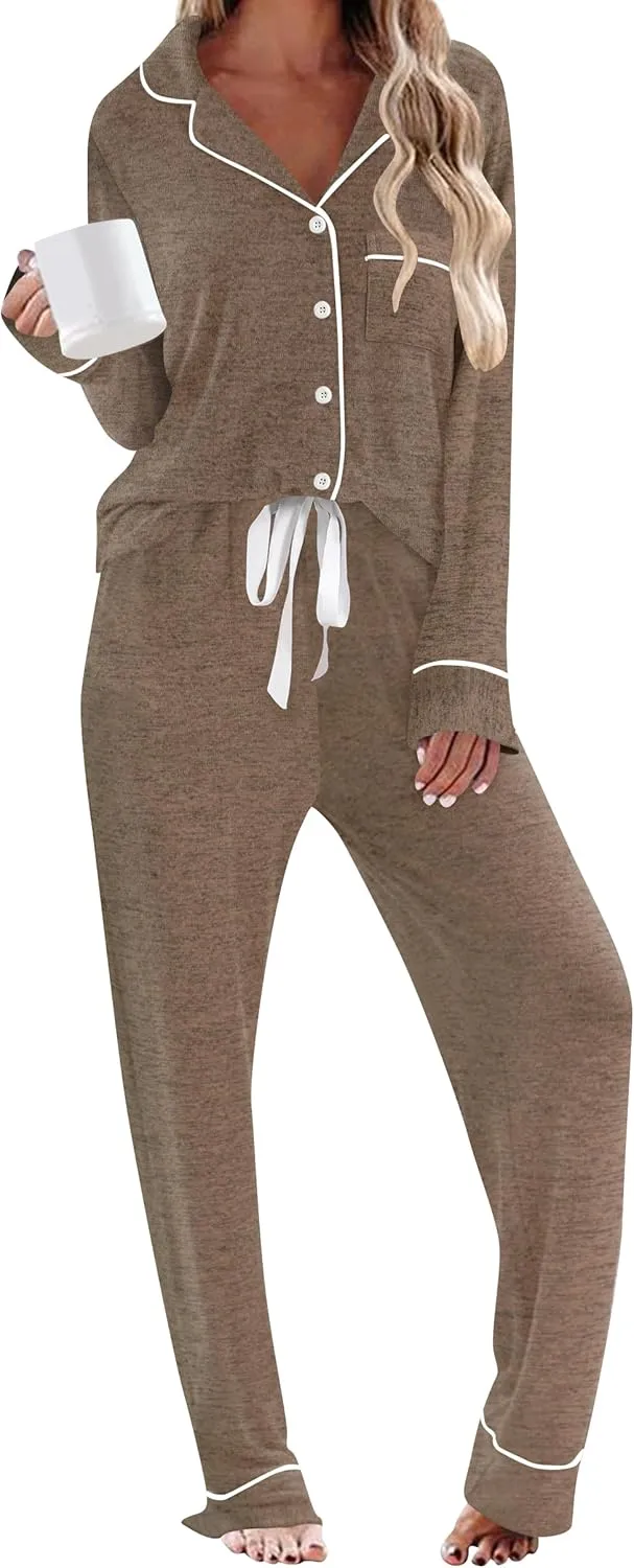 Pajamas For Women Set 2 Piece Pjs Set Long Sleeve Button Up Lounge Set Sleep Wear With Pockets