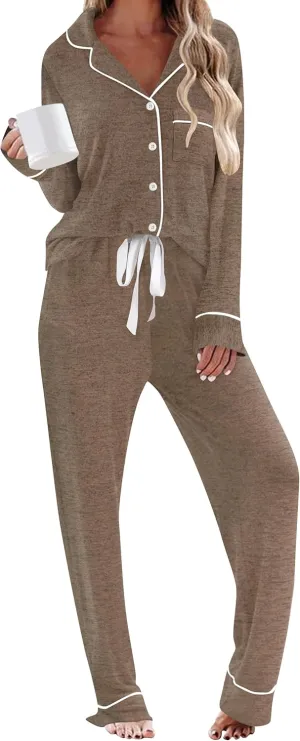 Pajamas For Women Set 2 Piece Pjs Set Long Sleeve Button Up Lounge Set Sleep Wear With Pockets
