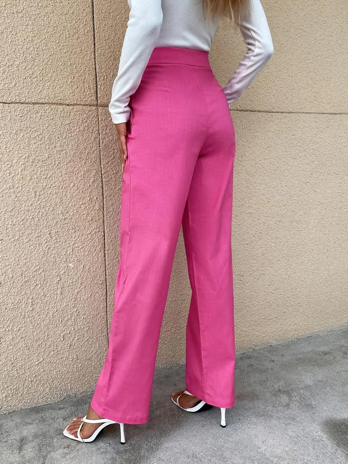 Pants for Women - Solid High Rise Straight Leg Pants (Color : Hot Pink, Size : Small)