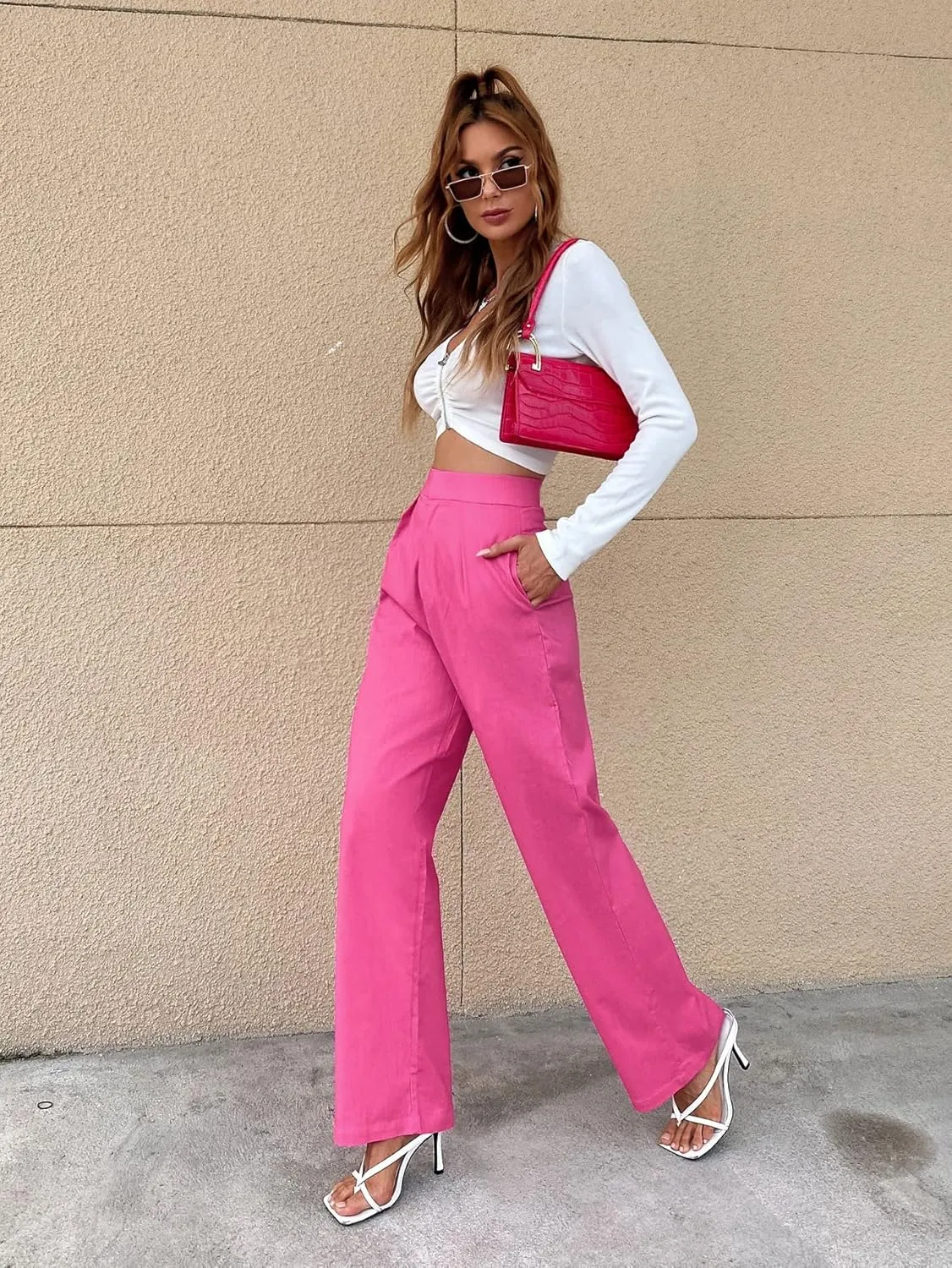 Pants for Women - Solid High Rise Straight Leg Pants (Color : Hot Pink, Size : Small)