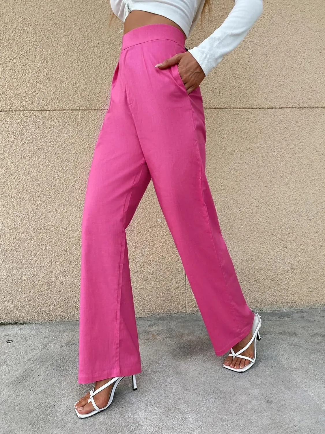 Pants for Women - Solid High Rise Straight Leg Pants (Color : Hot Pink, Size : Small)
