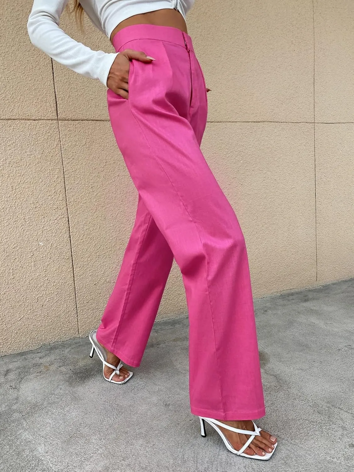 Pants for Women - Solid High Rise Straight Leg Pants (Color : Hot Pink, Size : Small)