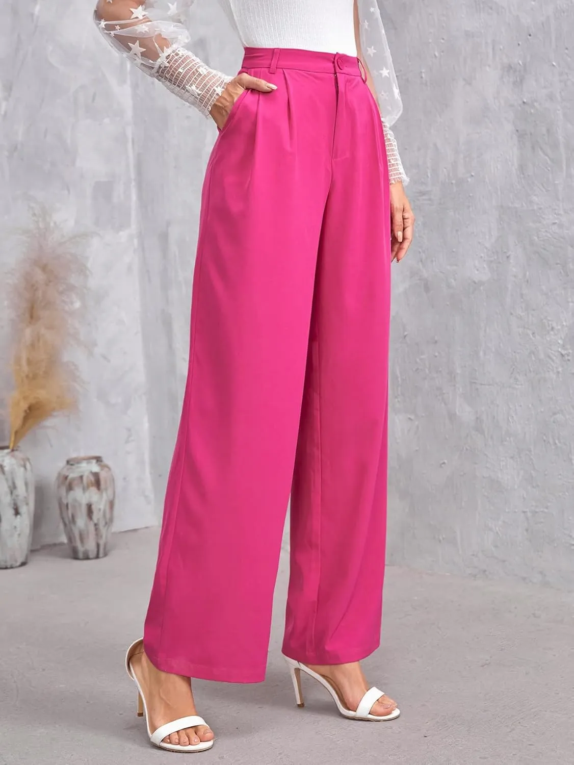 Pants for Women - Solid Zip Up Straight Leg Pants (Color : Hot Pink, Size : X-Large)