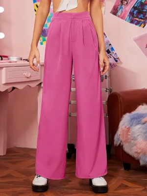 Pants for Women - Zipper Fly Fold Pleated Palazzo Pants (Color : Hot Pink, Size : Small)