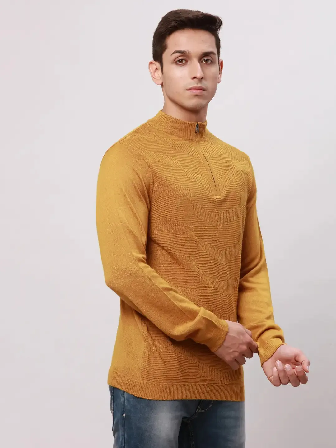 Park Avenue Men Yellow Regular Fit Solid Cotton Full Sleeve V Neck Collar Pullovers