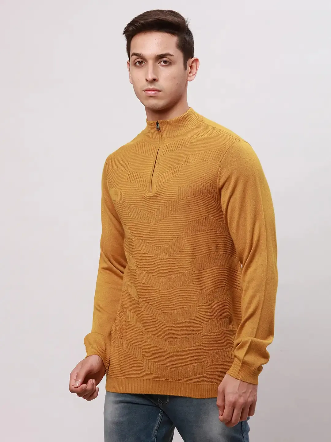 Park Avenue Men Yellow Regular Fit Solid Cotton Full Sleeve V Neck Collar Pullovers