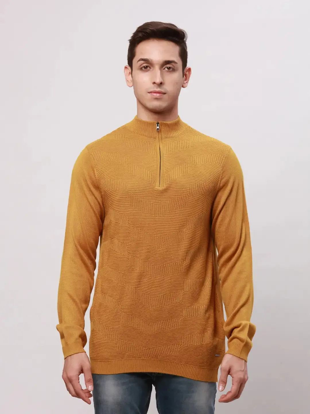 Park Avenue Men Yellow Regular Fit Solid Cotton Full Sleeve V Neck Collar Pullovers