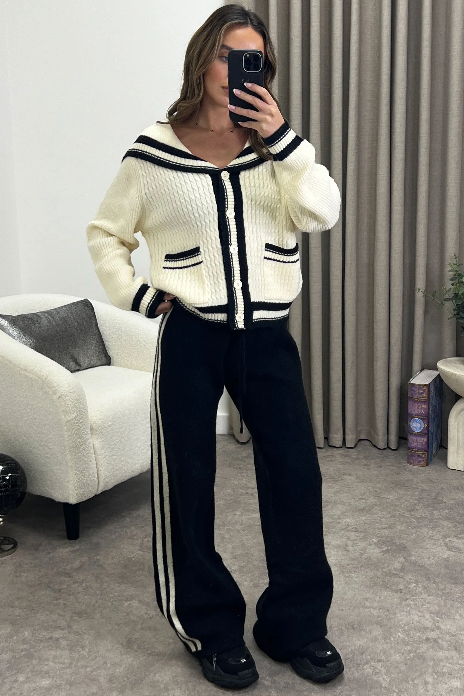 Petra Cream and Black Stripe Cardigan and Trousers Knit Co-Ord Set