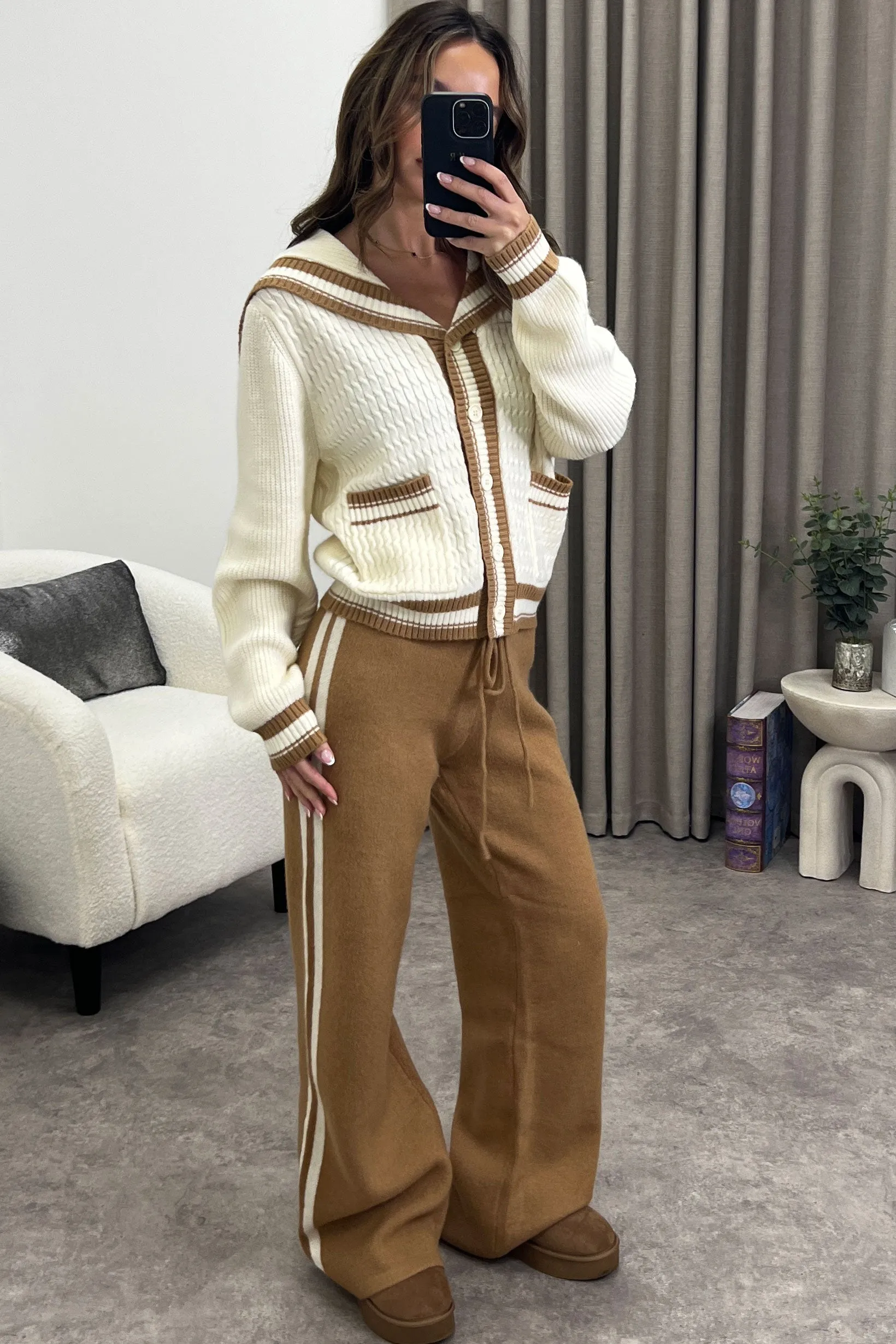 Petra Cream and Brown Stripe Cardigan and Trousers Knit Co-Ord Set