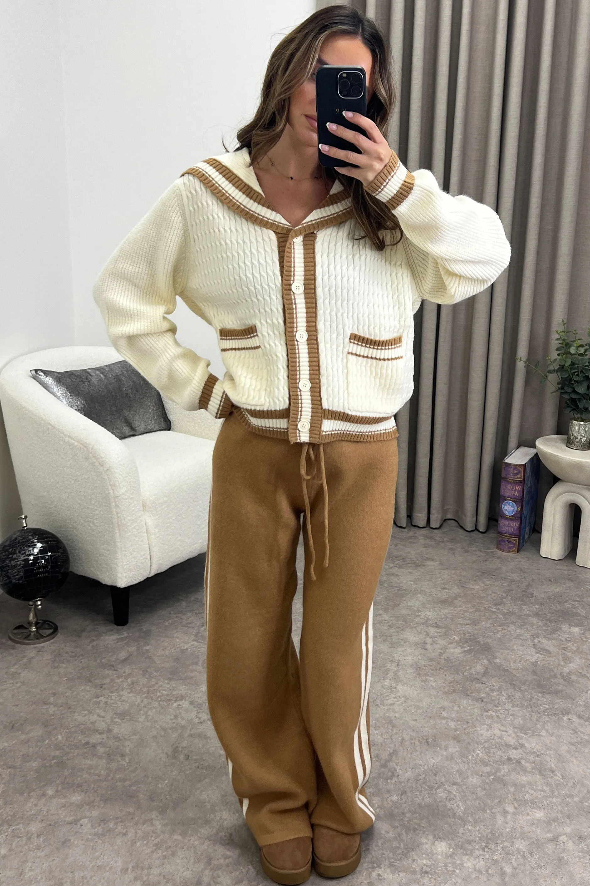 Petra Cream and Brown Stripe Cardigan and Trousers Knit Co-Ord Set