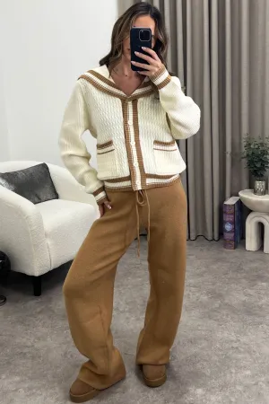 Petra Cream and Brown Stripe Cardigan and Trousers Knit Co-Ord Set