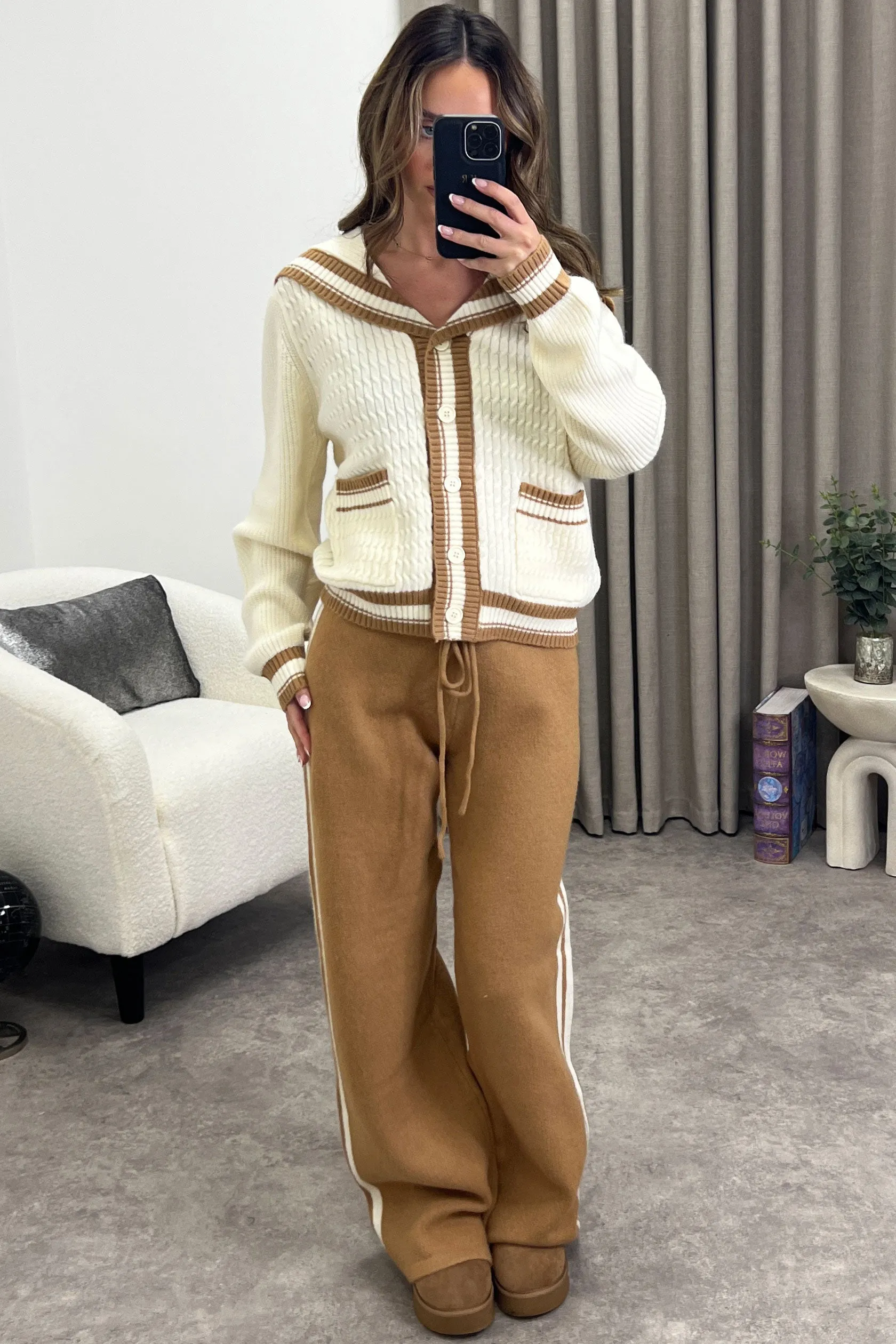 Petra Cream and Brown Stripe Cardigan and Trousers Knit Co-Ord Set