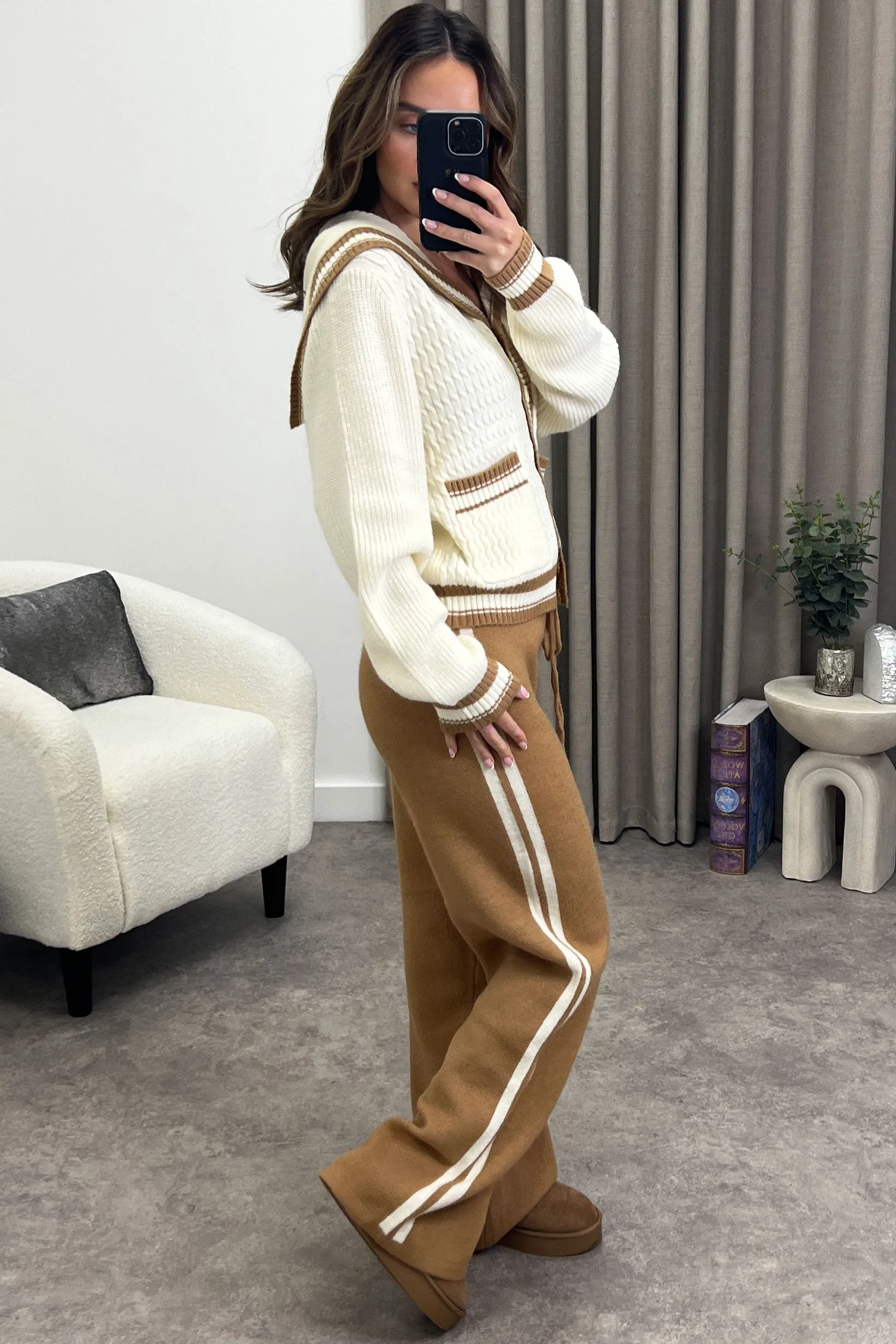 Petra Cream and Brown Stripe Cardigan and Trousers Knit Co-Ord Set