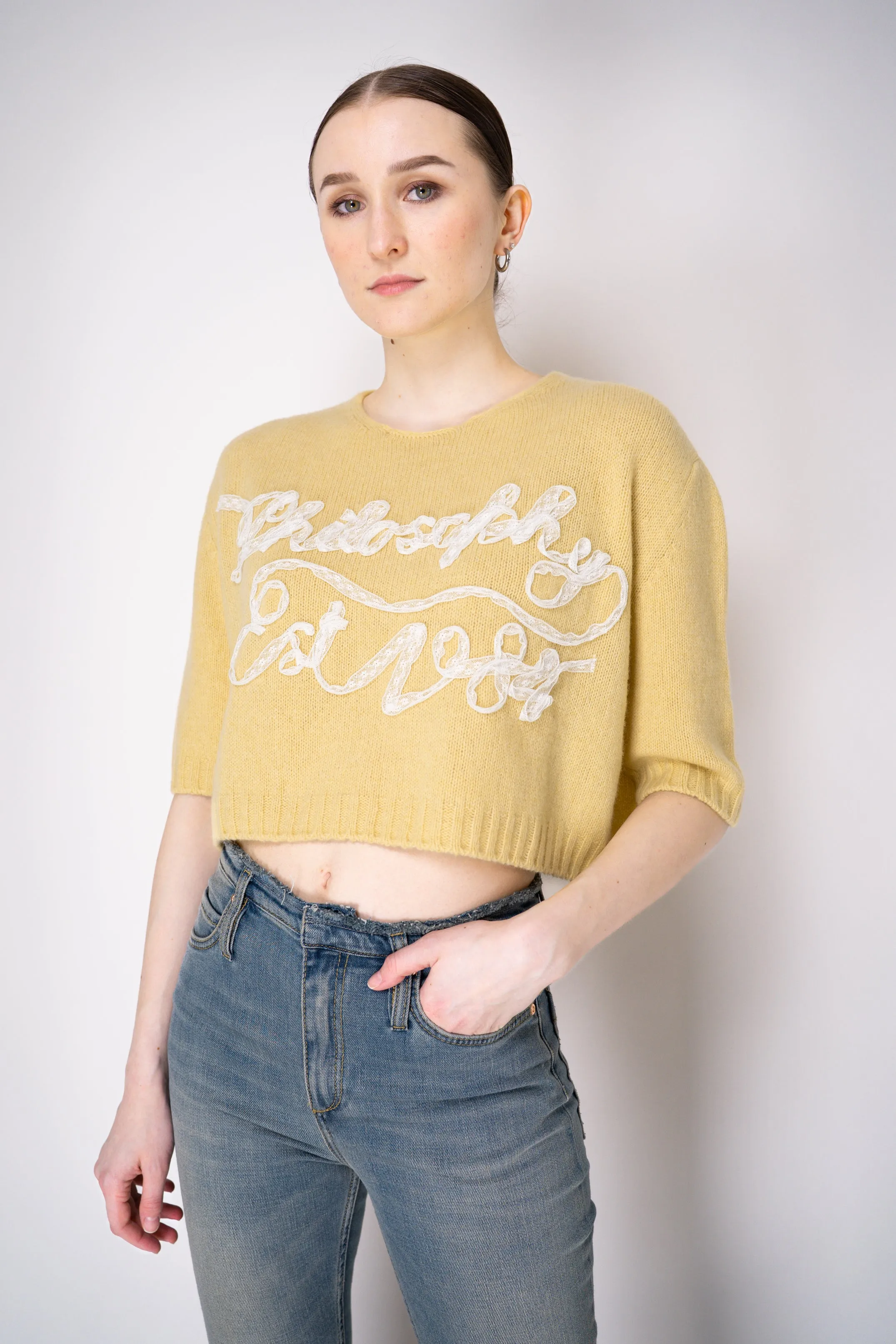 Philosophy di Lorenzo Serafini Cashmere Pullover with Lace Embroidery in Yellow