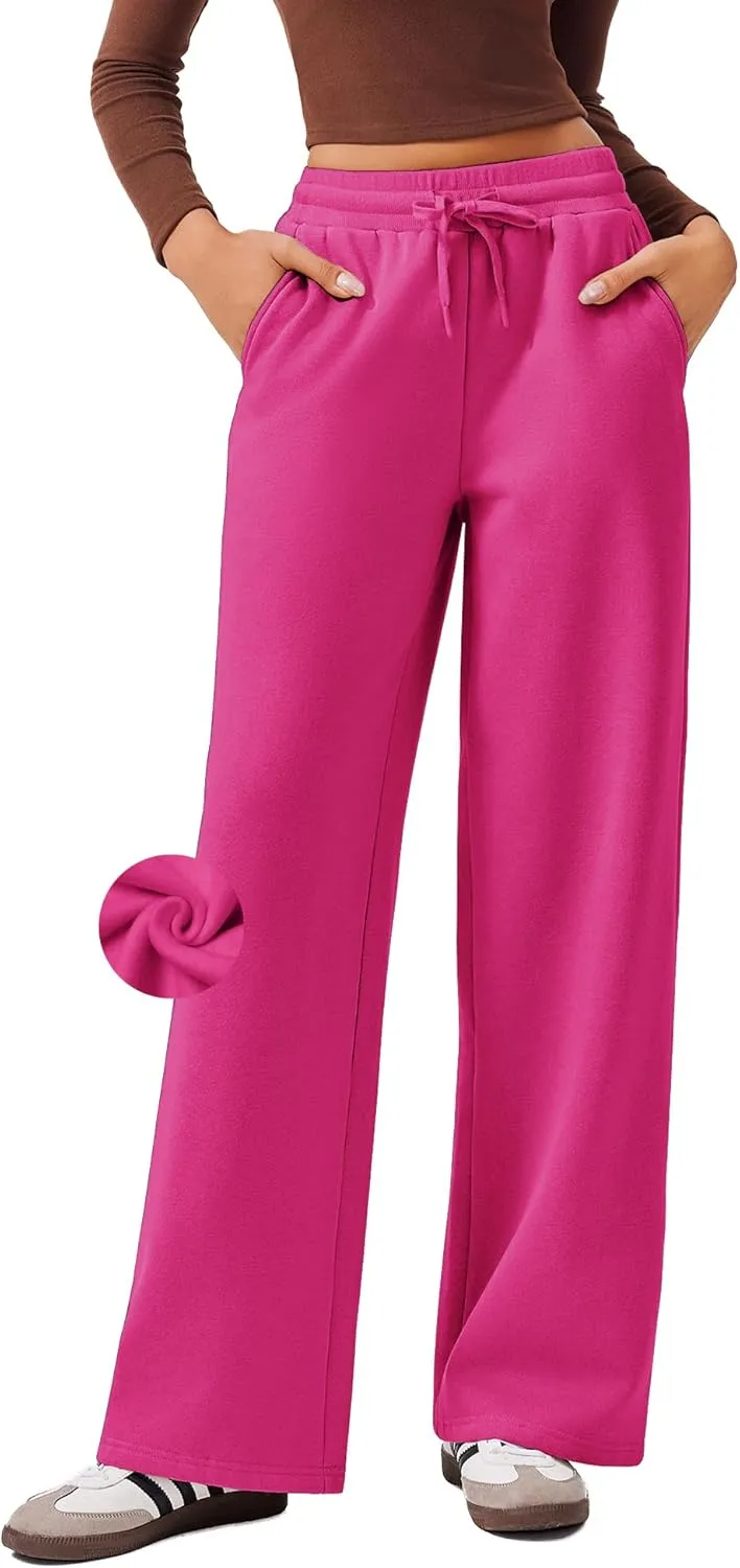 PINSPARK Womens Fleece Wide Leg Sweatpants High Waisted Athletic Sweat Pants Winter Baggy Workout Pant with Pocket