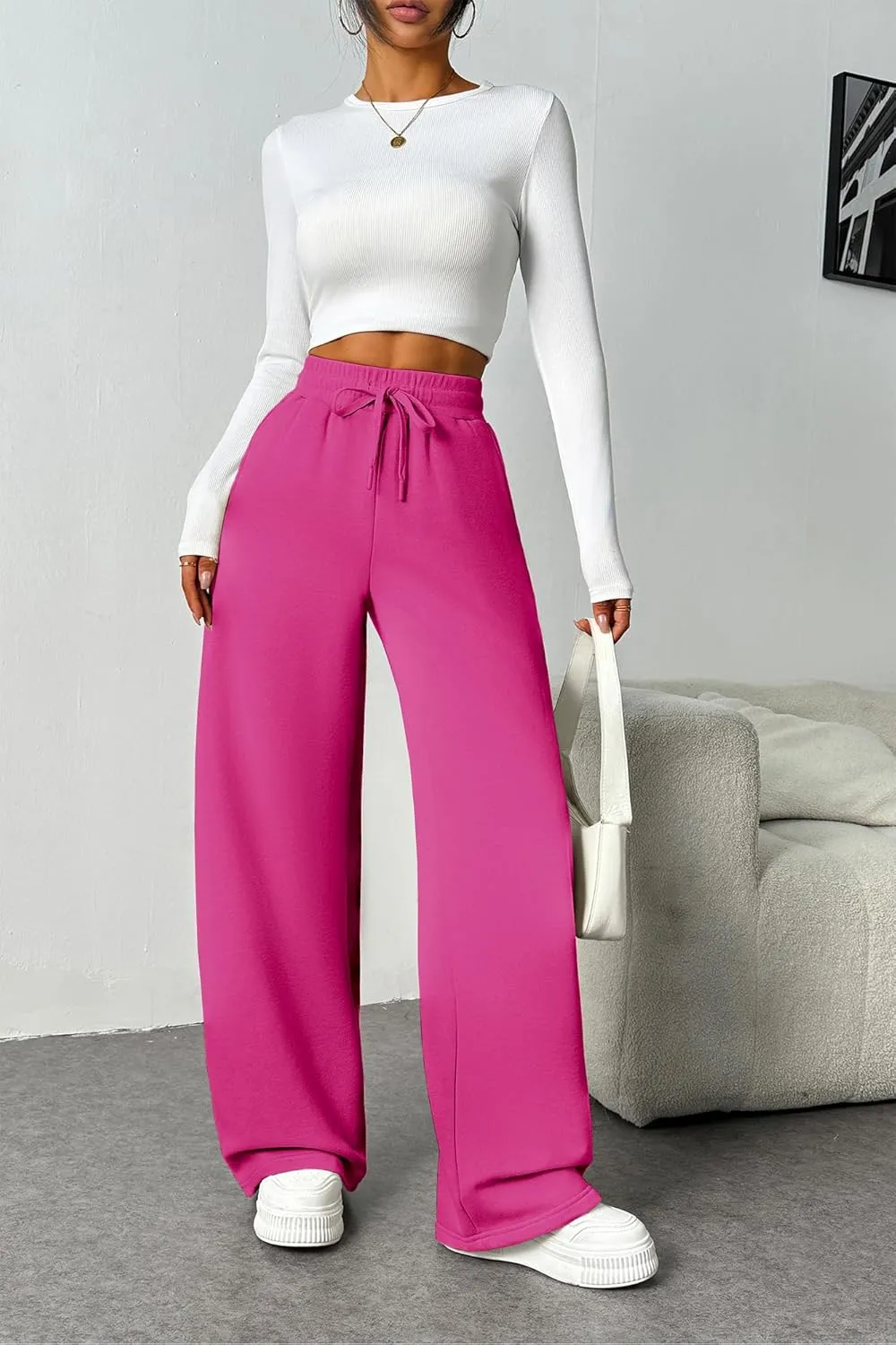 PINSPARK Womens Fleece Wide Leg Sweatpants High Waisted Athletic Sweat Pants Winter Baggy Workout Pant with Pocket