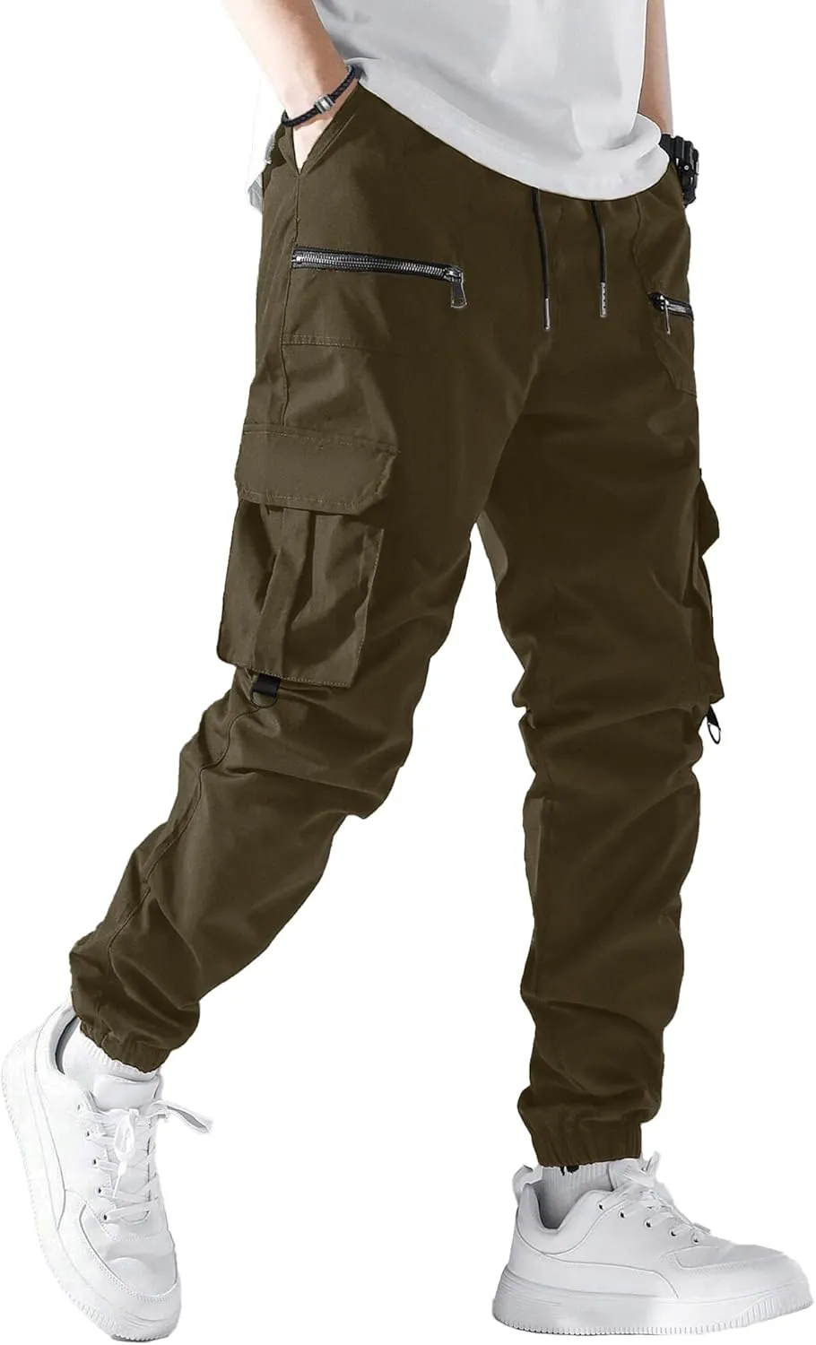 PLEPAN Men's Casual Cargo Pants Elastic Waist Drawstring Joggers Pants Tapered Sweatpants for Men Multi Pockets