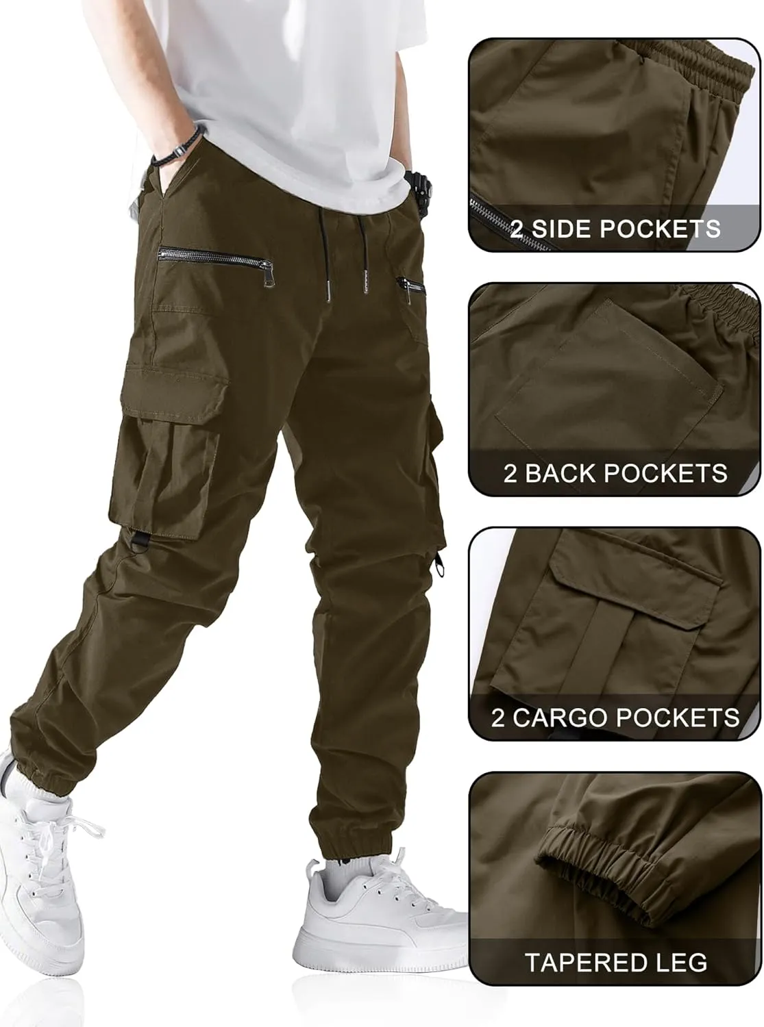 PLEPAN Men's Casual Cargo Pants Elastic Waist Drawstring Joggers Pants Tapered Sweatpants for Men Multi Pockets