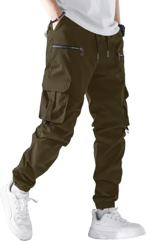 PLEPAN Men's Casual Cargo Pants Elastic Waist Drawstring Joggers Pants Tapered Sweatpants for Men Multi Pockets