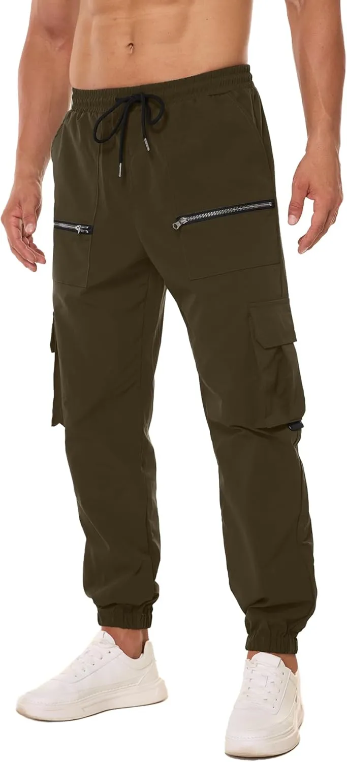 PLEPAN Men's Casual Cargo Pants Elastic Waist Drawstring Joggers Pants Tapered Sweatpants for Men Multi Pockets