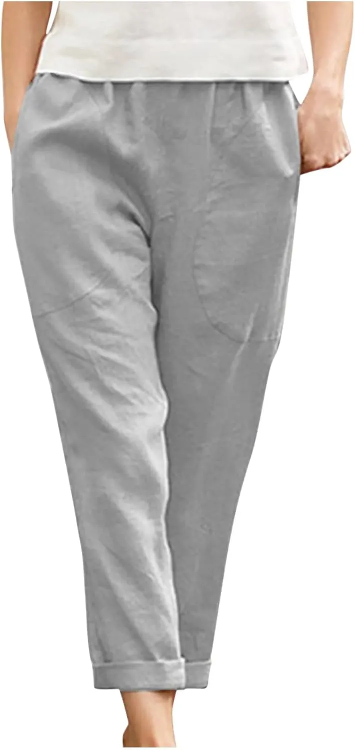Plus Size Summer Pants for Women Cotton Linen Fold Hem Ankle Pants Elastic Waist Breathable Trousers with Pockets