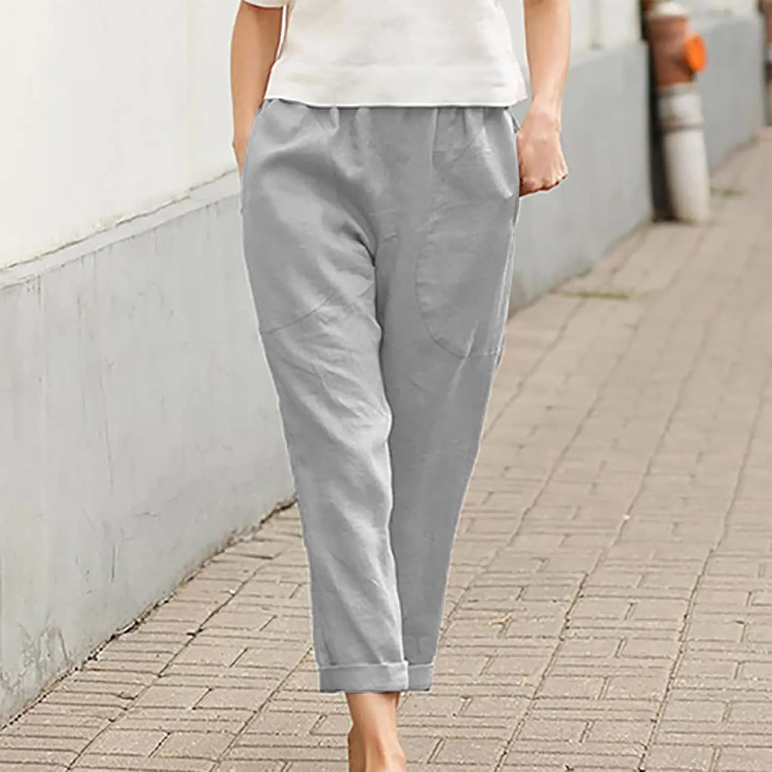 Plus Size Summer Pants for Women Cotton Linen Fold Hem Ankle Pants Elastic Waist Breathable Trousers with Pockets