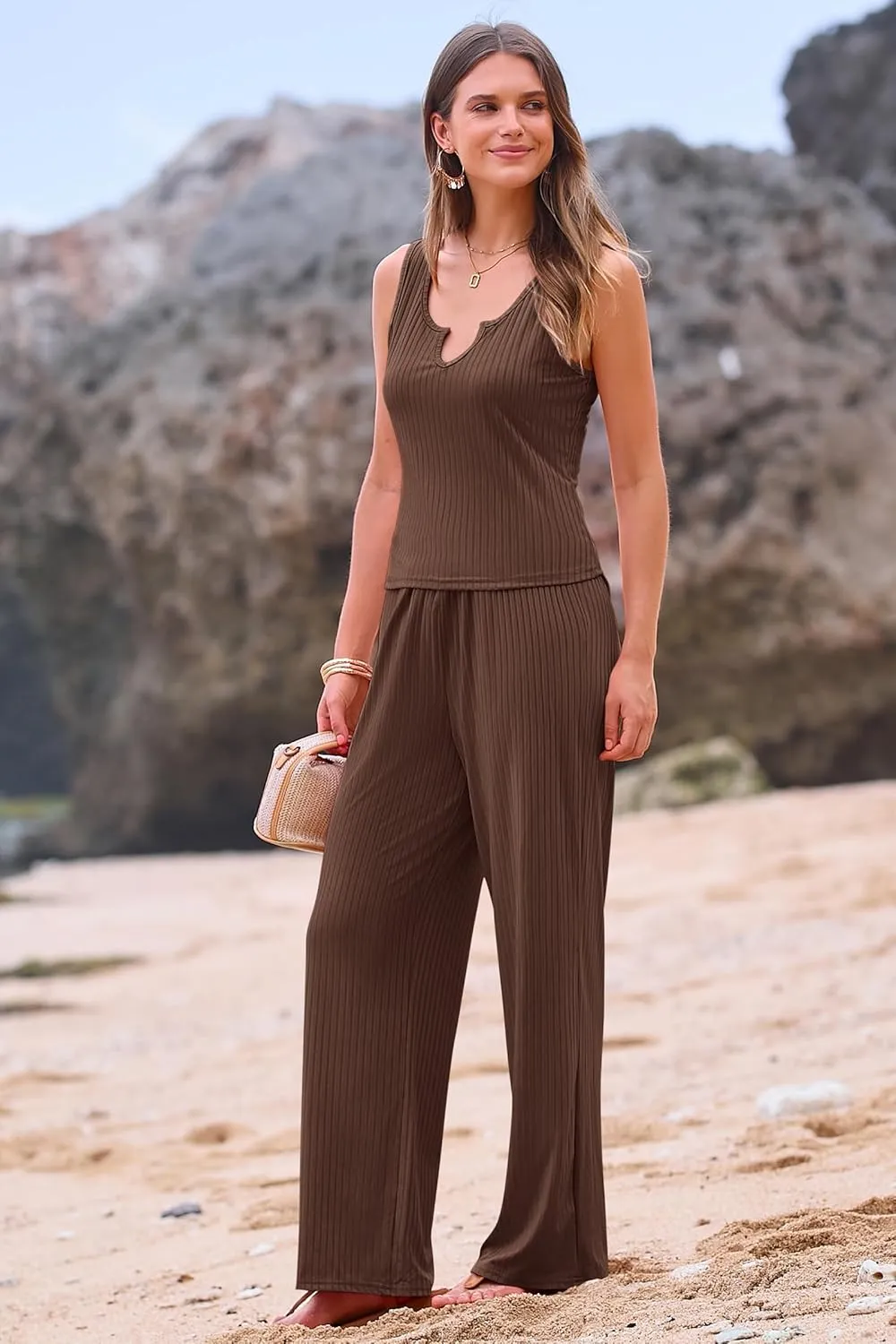 PRETTYGARDEN Women's Summer Casual Two Piece Outfits Sweatsuits Tank Scoop Neck Ribbed Knit Long Pants Tracksuits