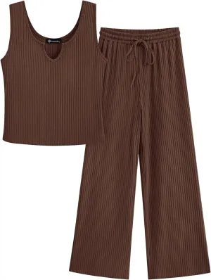 PRETTYGARDEN Women's Summer Casual Two Piece Outfits Sweatsuits Tank Scoop Neck Ribbed Knit Long Pants Tracksuits
