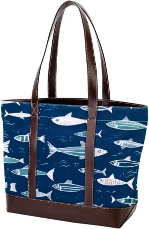 Purses for Women,Tote Bag for Women,Handbags for Women,Blue Cartoon Vintage Ocean Fish