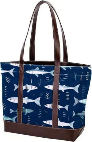 Purses for Women,Tote Bag for Women,Handbags for Women,Blue Cartoon Vintage Ocean Fish