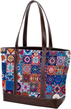 Purses for Women,Tote Bag for Women,Handbags for Women,Ethnic Floral Vintage Plaid Pattern