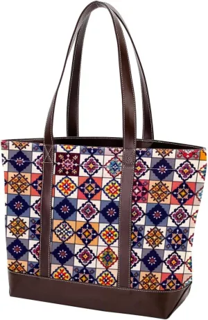 Purses for Women,Tote Bag for Women,Handbags for Women,Ethnic Floral Vintage Plaid Pattern